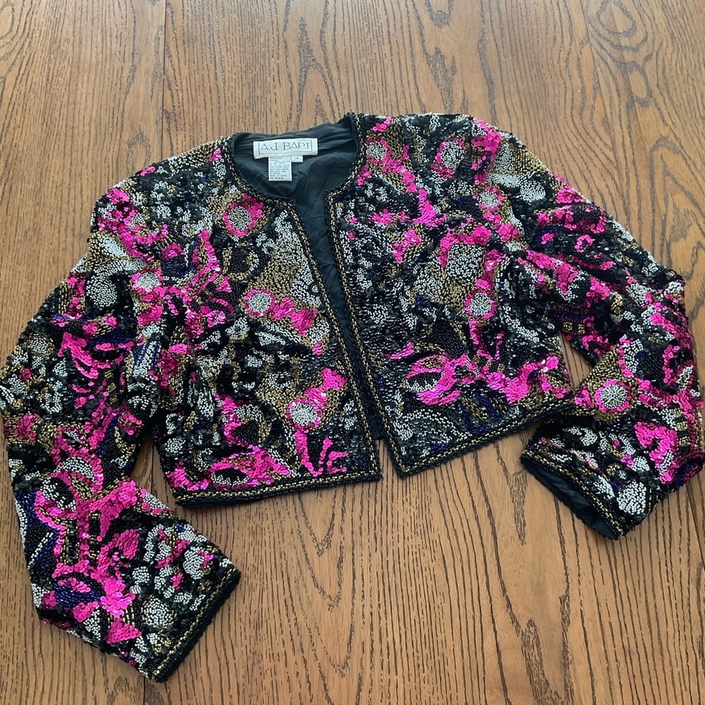 A.J. Bari- Vintage  Women's Black and Pink Sequin/Beaded Belero Jacket. Size 10